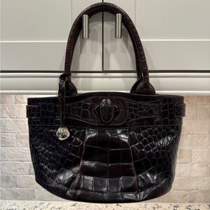 Furla EUC Vintage Croc-Embossed Dark Brown Leather Satchel